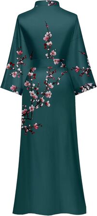 Жіночий халат з довгим рукавом з шовку та атласу з квітковим принтом (сливові квіти, темно-зелений)