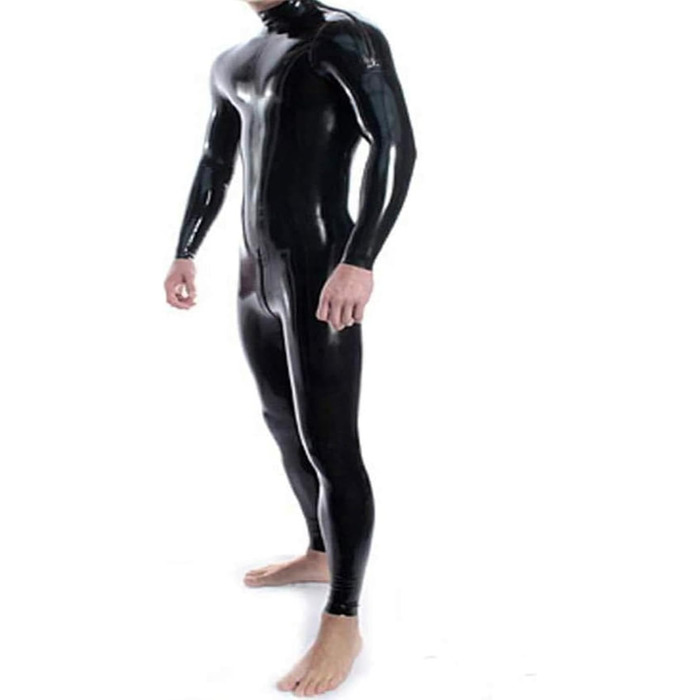 Чоловічий латексний комбінезон з блискучого лакового шкіряного матеріалу, чорний, XXL