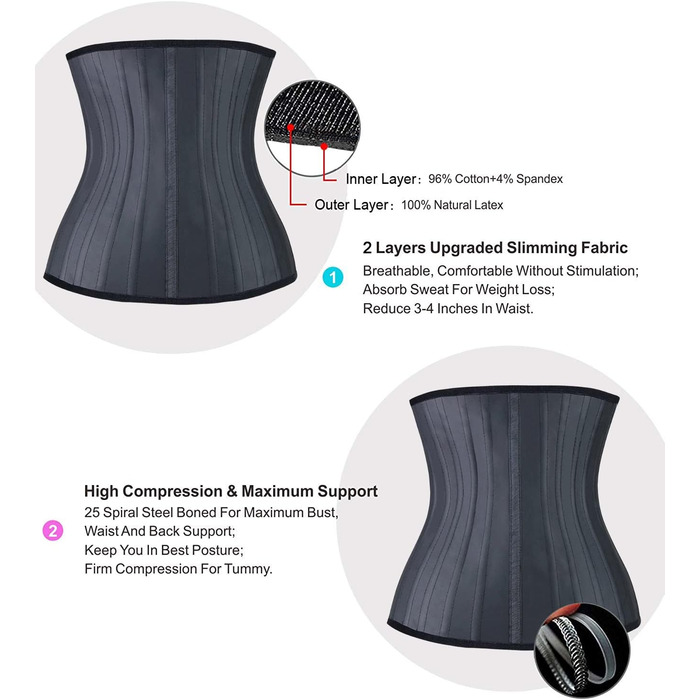 Корсет YIANNA для жінок, що підтягує живіт, з латексу, чорний, M, 25 сталевих кісток