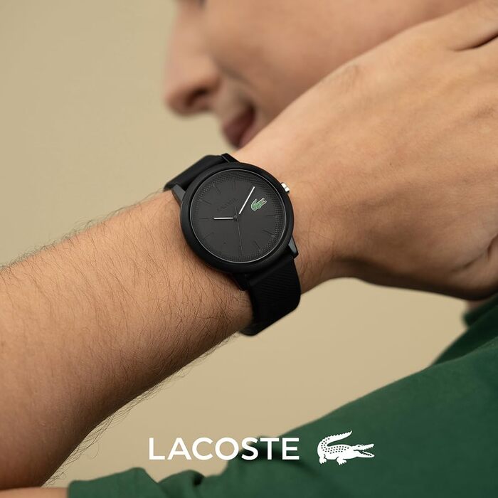 Аналоговий кварцовий годинник Lacoste 12.12 унісекс, чорний, силіконовий ремінець з текстурою Petit Piqué