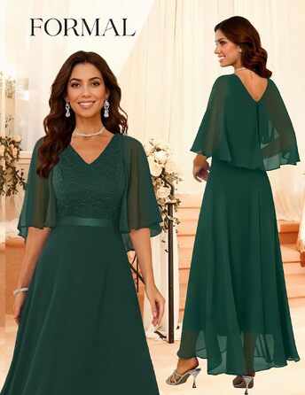 Вечірня сукня DRESSTES для жінок: елегантна maxi-сукня з шифоновими рукавами-кейпом для весіль, коктейльних вечірок та свят (S, темно-зелена)