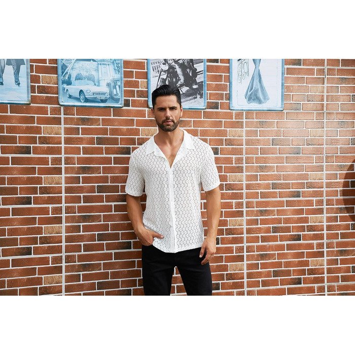 Чоловіча мереживна сорочка з короткими рукавами ABEHIK для рейв-вечірок та клубів (біла, S)