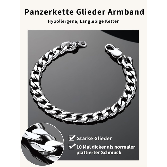 Сталевий браслет-ланцюг Panzer (кубинський) ChainsHouse для чоловіків та жінок, сріблястий, 8 мм, довжина 19 см