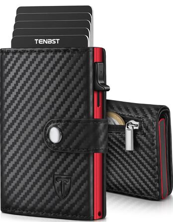 Чоловічий шкіряний гаманець TENBST з RFID-захистом, монетницею та відділеннями для 8-10 карток, Slim Wallet (Чорний та Помаранчевий/Червоний)