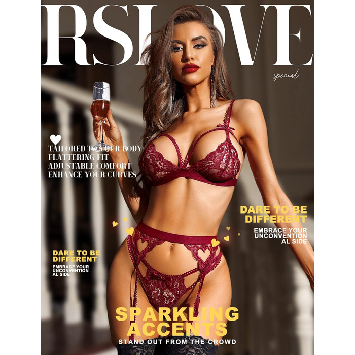 Комплект жіночої білизни RSLOVE з підв'язками: мереживний боді-комбінезон, бабідол, трусики, колір винний