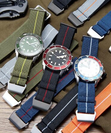 Нейлоновий ремінець для годинника BINLUN Parachute Marine Diver 22мм, еластичний тканинний браслет у військовому стилі з покращеною застібкою-гачком (Блакитно-біло-помаранчевий)