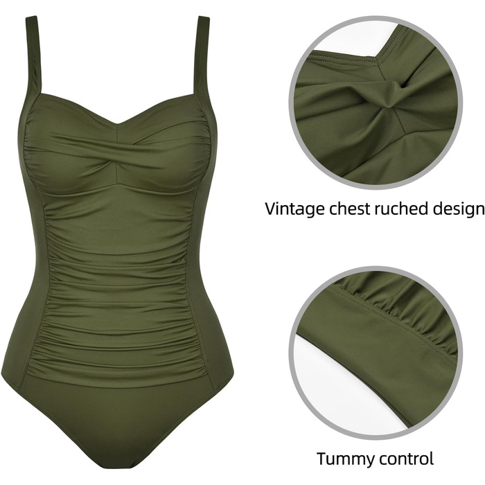 Світшот для плавання жіночий, корегуючий, суцільний, квадратний виріз, пуш-ап, купальник вінтажний, з рюшами, для схуднення, великі розміри, монокіні (46, о-зелений)