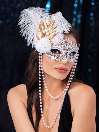 Маска для жінок IYOU, біла, з пір'ям та перловим намистом, для карнавалу, вечірки, балу