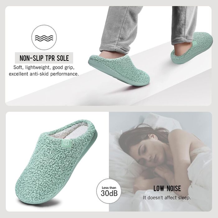 Жіночі зимові капці WateLves з ефектом пам'яті (Memory Foam), теплі та м'які тапочки з штучним хутром, протиковзкі домашні капці на плоскій підошві, зелені, розмір 38/39 EU