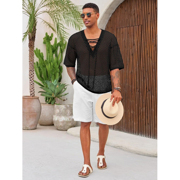 Чоловіча літня сорочка Runcati, шнурівка, V-подібний виріз, напіврукав, в'язана, мереживна, прозора, чорна, розмір L