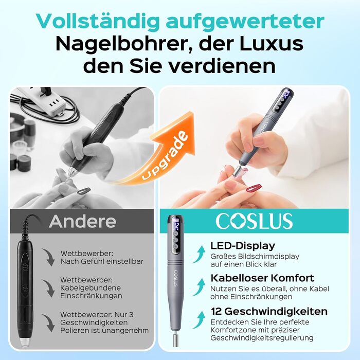Акумуляторний електричний апарат для манікюру та педикюру COSLUS C50, 12 швидкостей, LED-дисплей, для нарощених нігтів, гель-лаку та акрилу, темно-сірий