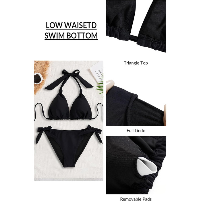 Двочастинний купальник-бікіні з зав'язками для жінок, чорний, розмір M