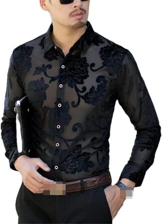 Чоловіча прозора сорочка Bollrllr з квітковою вишивкою, мереживна сорочка, сексуальний прозорий одяг, чорна сорочка XXL