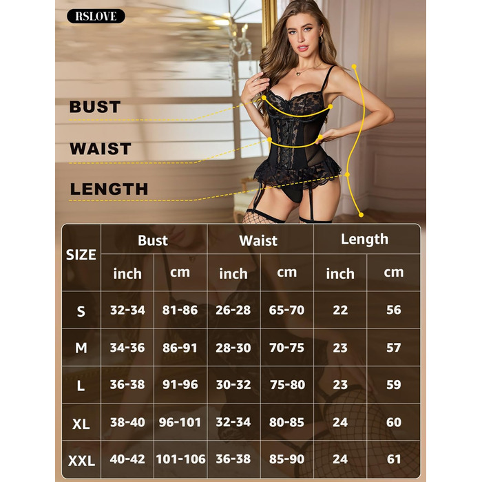 Сексуальна білизна RSLOVE для жінок: бюстгальтер на кісточках з ефектом пуш-ап, регульовані бретелі, фігурна шнурівка та стрінги, чорний колір