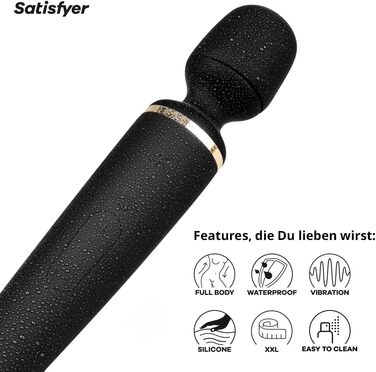 Satisfyer Wand-er Woman: Масажер для тіла з 50 вібраційними режимами | Секс-іграшка, тихий та потужний | Електронний масажер для жінок та чоловіків | Компактний вібратор для всього тіла | Чорний колір, 1 шт.