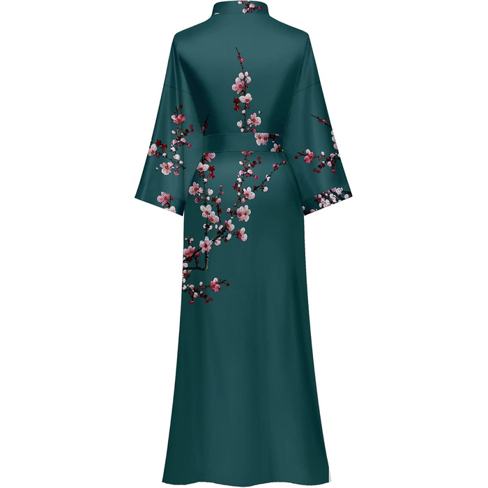 Жіночий халат з довгим рукавом з шовку та атласу з квітковим принтом (сливові квіти, темно-зелений)