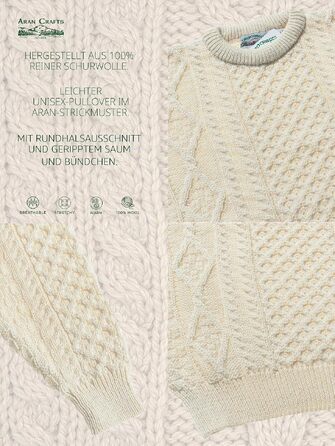 Свитер Aran Craft Iricher з круглим вирізом, 100% чиста шерсть, чорний (XXL, Ecru)