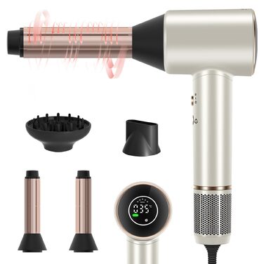 Професійний фен для волосся PARWIN PRO BEAUTY Air-Sonic з HD-LED дисплеєм, безщітковим мотором 110,000 об/хв та іонізацією (200 млн негативних іонів), швидке сушіння, колір шампань-срібло