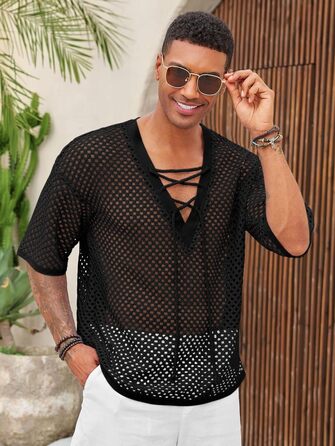 Чоловіча літня сорочка Runcati, шнурівка, V-подібний виріз, напіврукав, в'язана, мереживна, прозора, чорна, розмір L