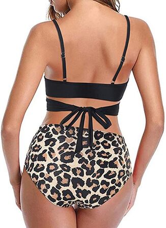 Бікіні жіночий з рюшами, комплект 2 шт. - топ з перехресною застібкою та пуш-ап, трусики з високою талією та зав'язками на спині, леопардовий принт, розмір XL