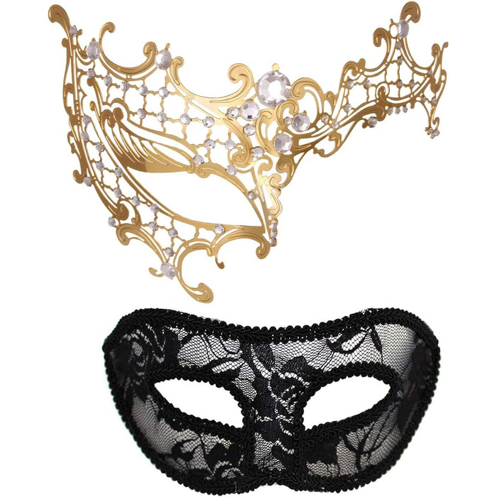 Маска для обличчя MYMENU для пар, жінок, з металу та стразів, венеціанська, для вечірок, весілля, балу (Золота)