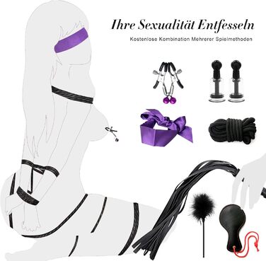 Набір для БДСМ: кайдани, наручники, анальний плагін, кліпси для сосків, плетіння, маска для очей, 28 шт. (фіолетовий)