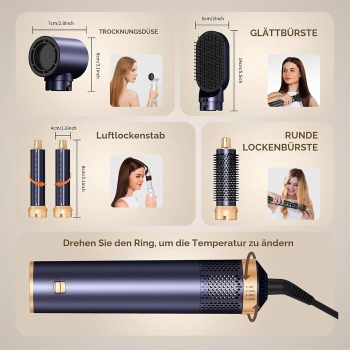 Мультистайлер для волосся 5 в 1 UKLISS Airstyler: фен, вирівнювач, гофре та круглі щітки для укладки, чорний з синім