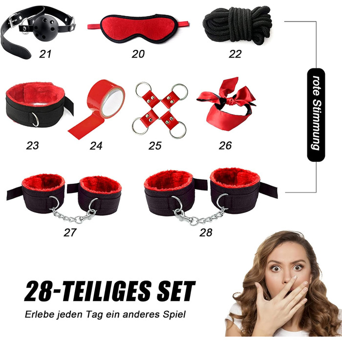 Набір для БДСМ: кайдани, анальний плаг, петиша, маска для очей, набір 28 шт. (червоний)