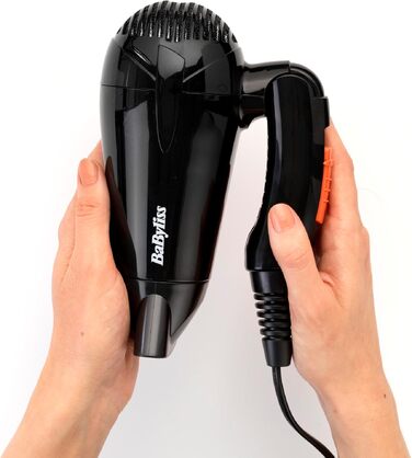 Складаний дорожній фен BaByliss Travel Folding 2000W з універсальною напругою, 2 режими температури та швидкості, чорний/помаранчевий, 5334E