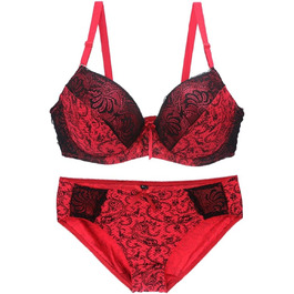Чорний мереживний бюстгальтер та труси Moonbadi з пуш-ап, розмір 85E, червоний