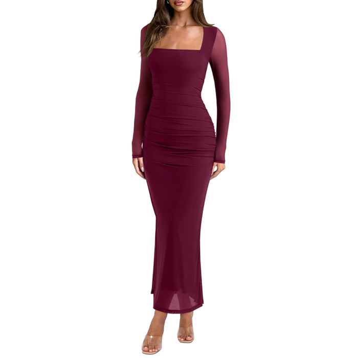 REORIA Макі сукня для жінок з довгими рукавами для гостей на весілля. Прозора сітчаста тканина, квадратний виріз, обтягуючий силует. (Кордован, XS)