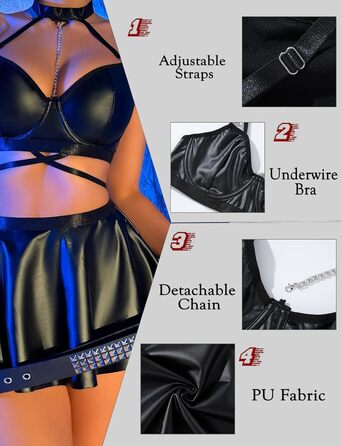 Костюм Adigau Dessous з екошкіри: бюстгальтер, трусики, мініспідниця. Чорний набір для клубів та вечірок з ланцюжком