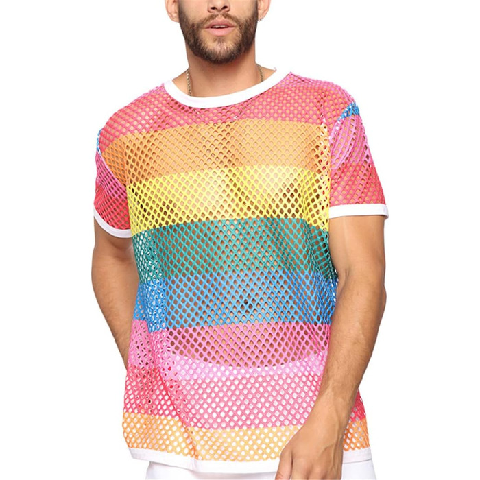 Чоловіча футболка з сітки з ефектом прозорості у стилі ретро, кольорова сітка, футболка у стилі хіп-хоп, футболка з мереживом