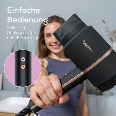 Фен для волосся Beurer HC 35 з іонізацією, 1600-2000 Вт, з LED-дисплеєм та насадкою для стайлінгу, чорний