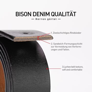Шкіряний ремінь чоловічий BISON DENIM для джинсів та костюмів, 38 мм, чорний, довжина 110 см (розмір 33'-35')