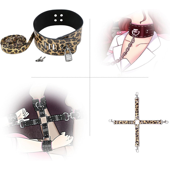 Набір для БДСМ з екошкіри Leopard Print (8 предметів): наручники, пітч, обручі, мотузка, ніпель-кліпси