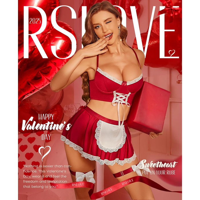 Костюм покоївки RSLOVE для косплею: сексуальна сукня-негліже з мереживом, червоний колір
