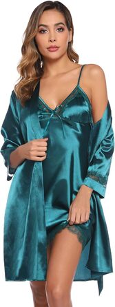 Сексуальний шовковий халат-кімоно Sykooria для жінок, комплект з 2 шт. (халат та нічне сорочка), V-подібний виріз, з поясом, для свята, білий/темно-зелений, XXL
