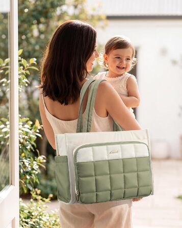 Жіноча сумка-шопер LOVEVOOK велика, легка стібана сумка Tote Bag з відділенням для ноутбука 15.6 дюймів, офісна сумка для роботи, навчання та школи (Бежево-зелена)