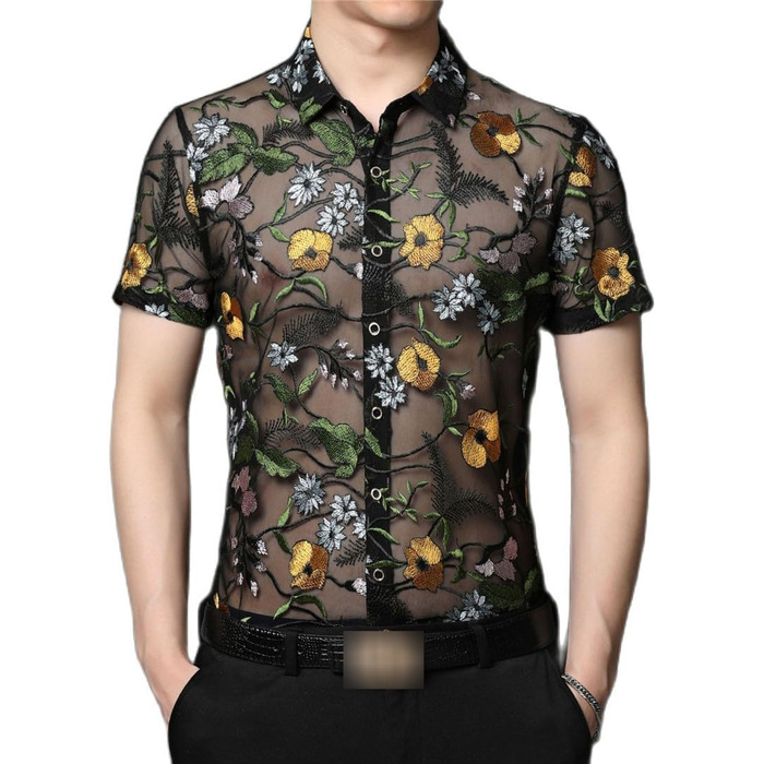Чоловіча сорочка Yeuyyben з квітковою вишивкою, прозора, літня, з короткими рукавами, для вечірок, клубів, випускних, чорна