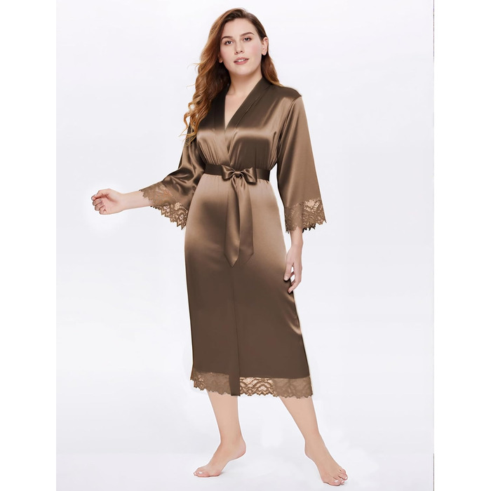 Халат жіночий BABEYOND довгий/короткий, однотонний, мереживний, атласний, шовковий, кімоно, літній, кава