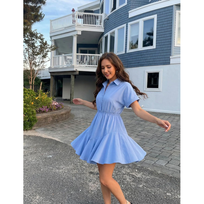 Сукня Beluring Bluenkleid жіноча літня коротка з V-подібним вирізом, з кишенями та ґудзиками, блакитна (XL)