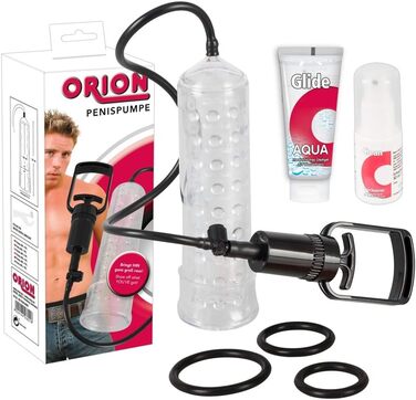Насос для ерекції Orion - інтенсивний вакуумний насос для чоловіків, для тренування потенції, імітація орального сексу, перезаряджається, прозорий/чорний (6-piece set)