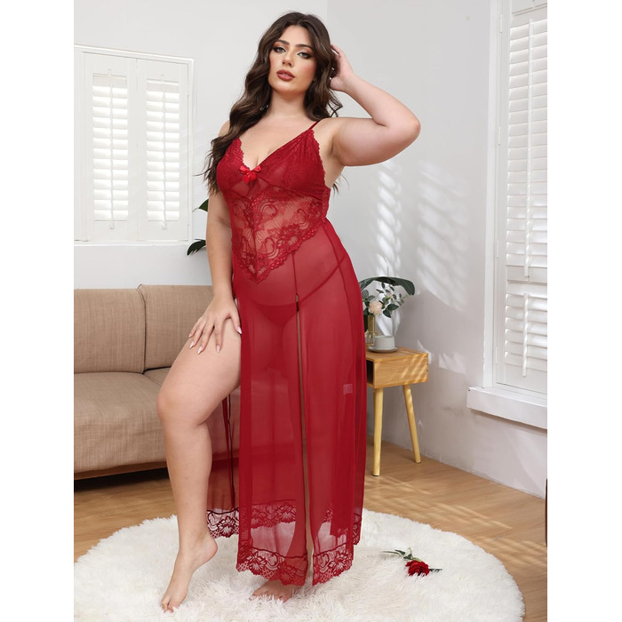 Ідеальна нічна сорочка IBAKOM Dessous з мереживом, V-подібний виріз, нічна сорочка-бабідол з розрізом, великі розміри (червоний, XXL)
