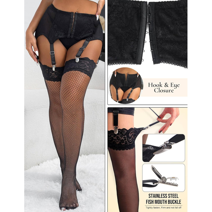 Чорні мереживні панчохи з широким поясом та шорстками на плечах, розмір XS-S