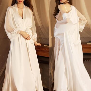 Шовковий халат-кімоно Lang Satin Sexy для жінок: елегантний халат з мереживом та паєтками для вечірки, весілля, нареченої або дружки. Довгі рукави, Patchwork, ніжні кольори.