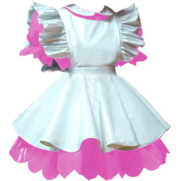 Костюм для жінок з латексу PVC, ефект мокрого блиску, короткі рукава-ліхтарик, міні-сукня, костюм служниці, фартух, рожевий, 3XL