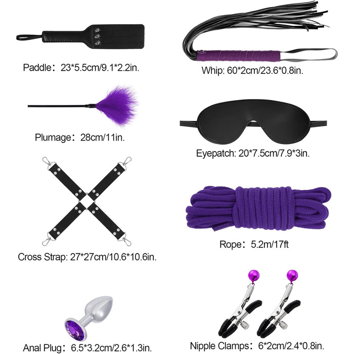 Набір для БДСМ зв'язування (12 предметів) - Fesselset Erotik SM. Зв'язки, наручники, кільця на щиколотки, анальний плаг, фіксатори для сосків, кульовий приглушник, перо-потівник, маска для очей, батіг, лопатка, бавовняний шнур (фіолетовий & чорний)