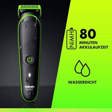 Тример для тіла та інтимних зон Gillette Labs i3 Body + Intimate для чоловіків, чорний/зелений, водонепроникний, з технологією SkinFirst та набором аксесуарів (5 шт)
