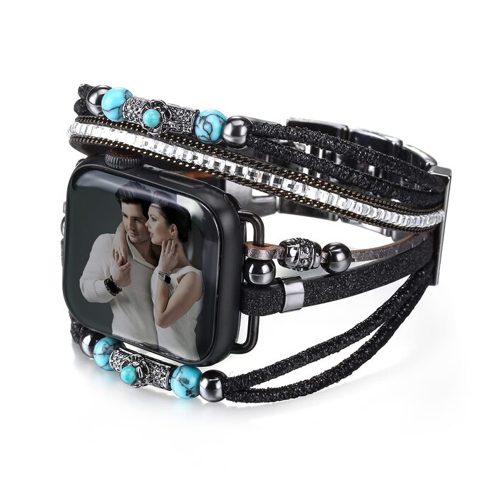 Шкіряний браслет Boho для Apple Watch — багатошаровий ремінець для iWatch Series 11 10 9 8 7 6 5 4 3 2 1 SE Ultra 1 2 3, чорний, 42/44/45/46/49мм